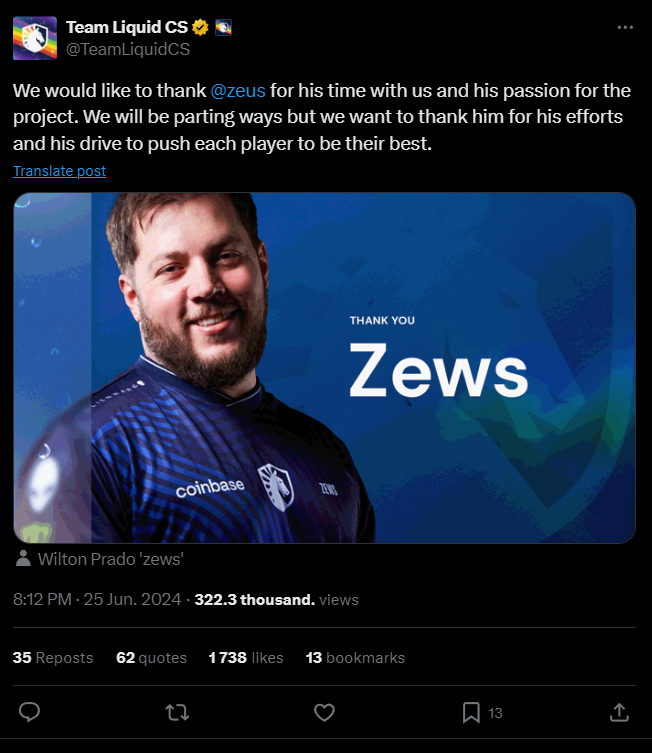 Liquid는 로스터를 계속 재정비하며 코치 Wilton zews Prado와 작별했고, 팀은 이전에 Casper를 일시 정지시켰다