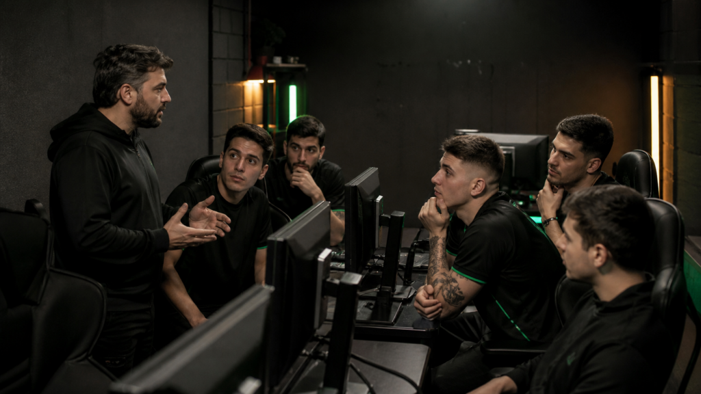 Counter-Strike-Coach bei der Arbeit mit einem Team im Bootcamp