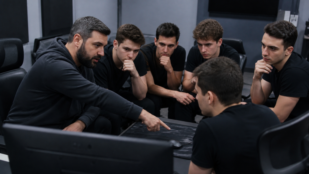 Entrenador temporal de Counter-Strike revisando la estrategia del equipo