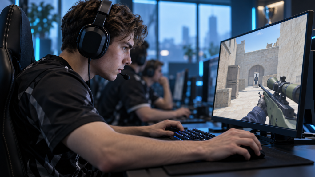 A professional player practices long-range AWP aim with teammates behind him