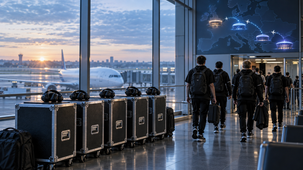 An esports team travels with equipment for four European LAN events