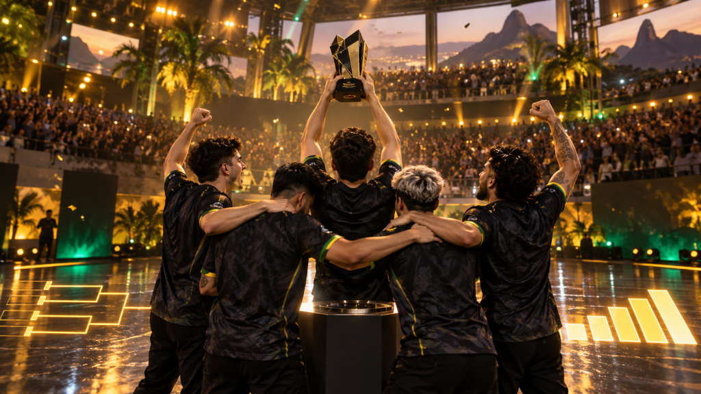 A South American Counter-Strike team celebrates the Circuit X Curitiba title