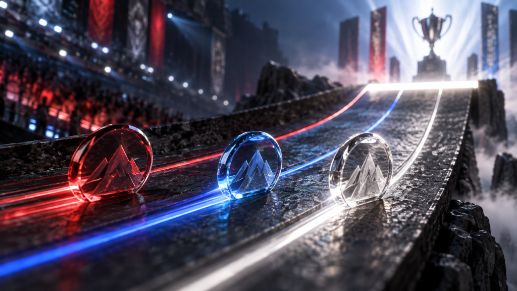 Three team markers race along a ranking track toward a qualification line