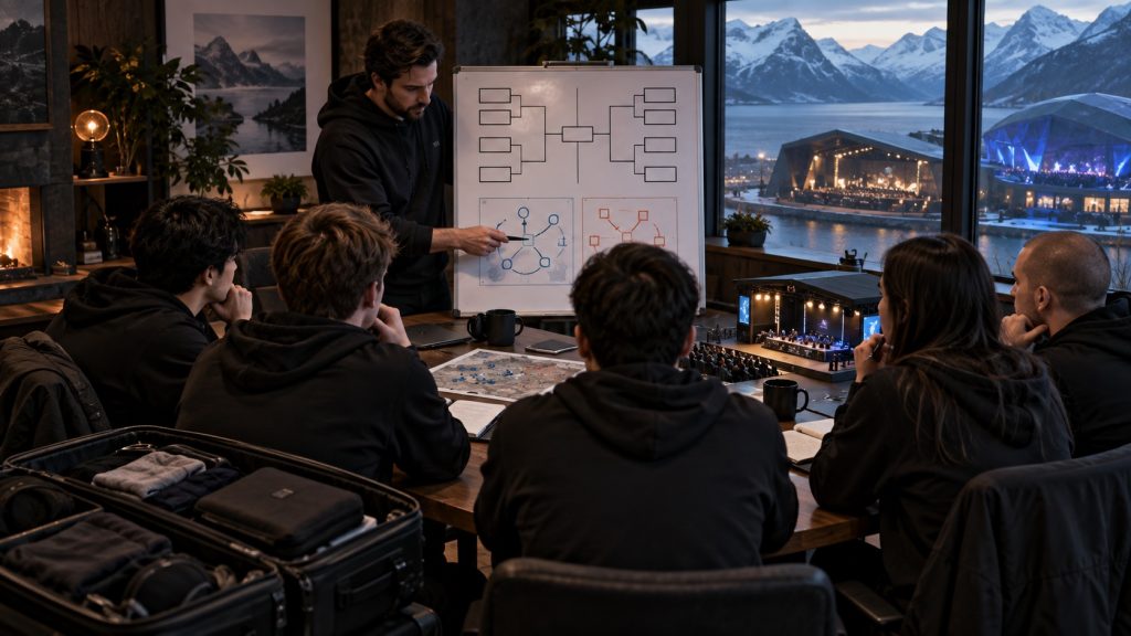 En træner og fem spillere planlægger en playoffdeltagelse og et nordisk LAN