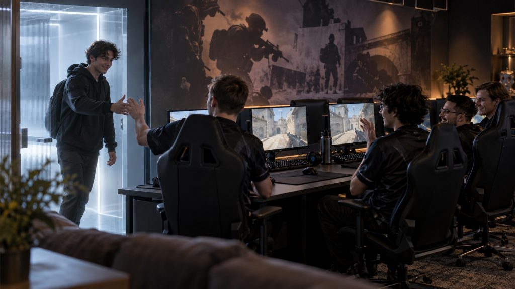 A young rifler joins four teammates in a complete practice room