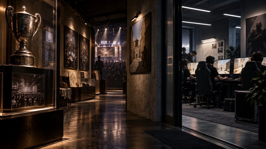 An esports museum corridor leads from an old trophy to a modern training room