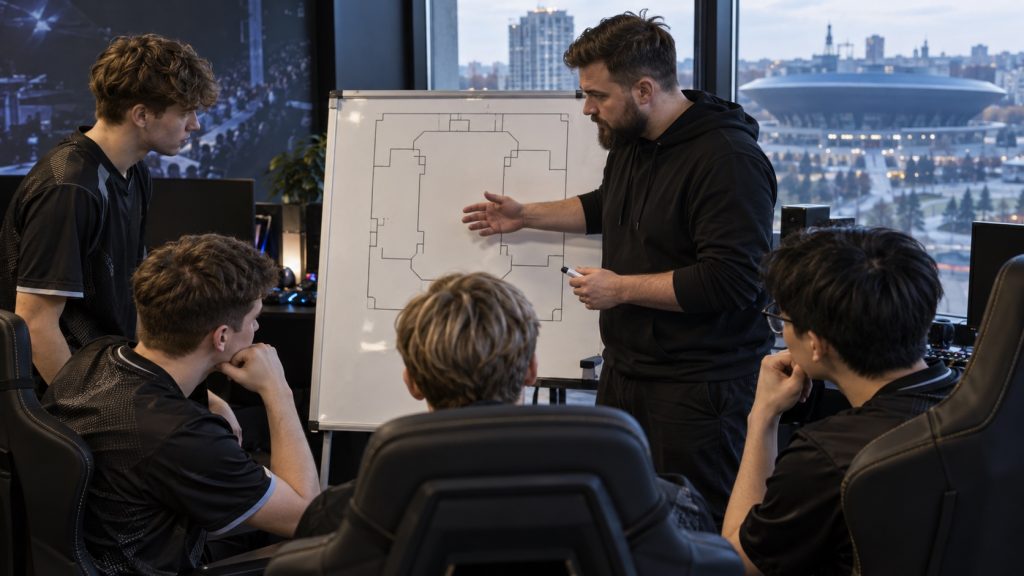 Four players and a stand-in review leadership responsibilities around a tactical board