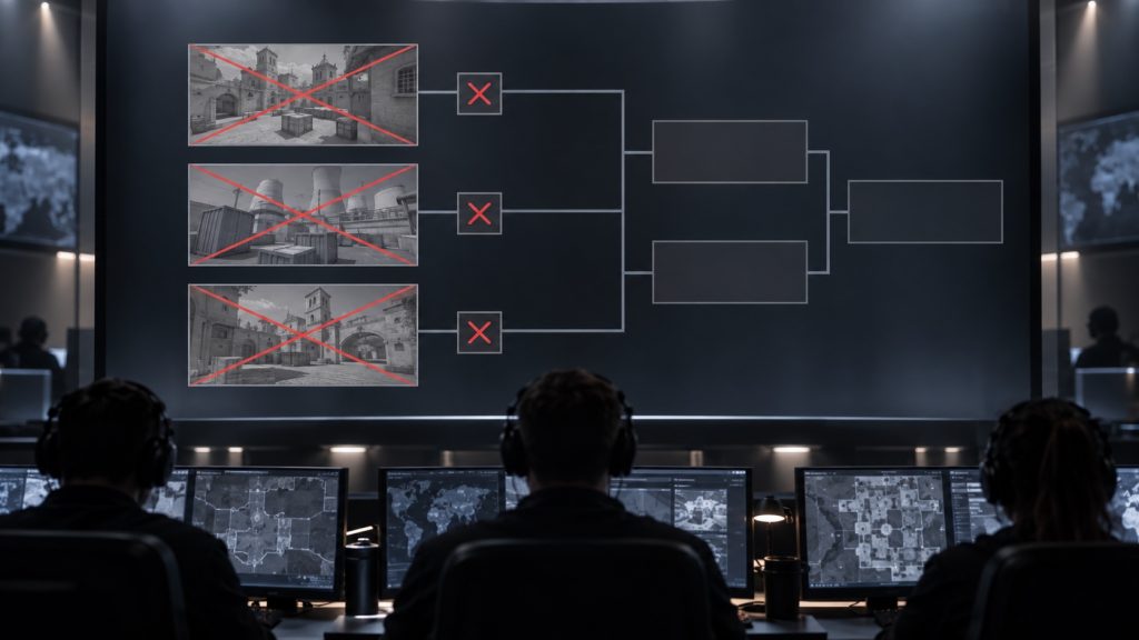 Three completed tactical map panels fade out under an administrative cancellation mark