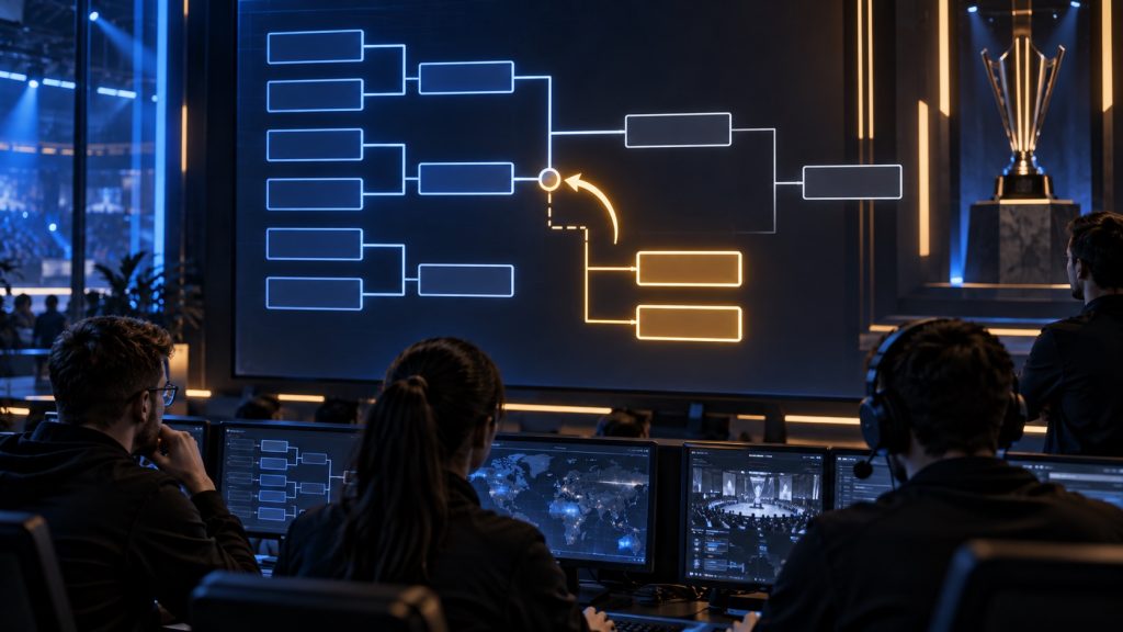 A tournament bracket rewinds to an earlier round and opens a new path