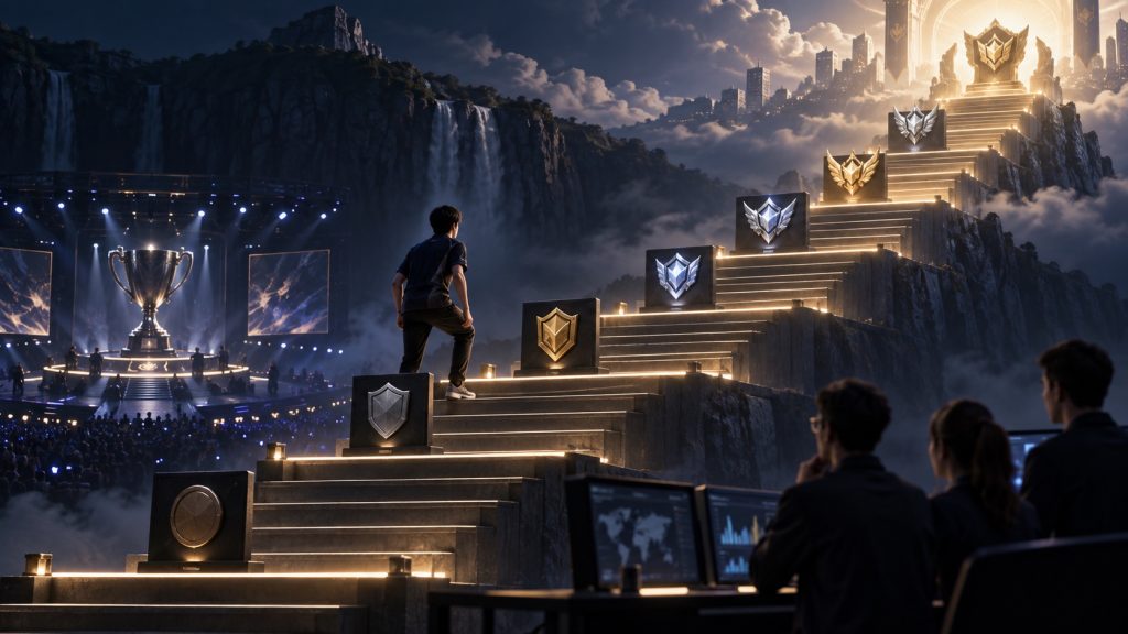 A plain team marker climbs a long ranking staircase toward the top tier