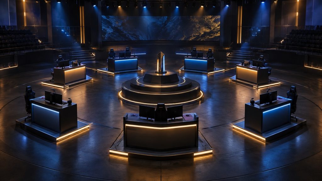 Eight blank team stations form a completed professional tournament field