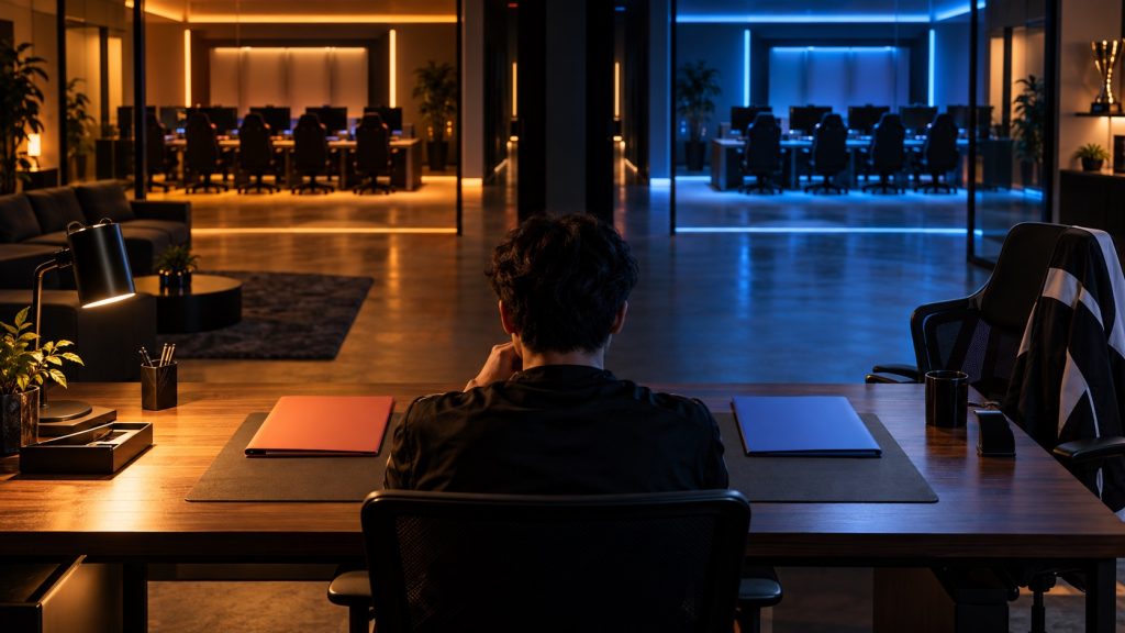 A free-agent esports player studies two unsigned team paths