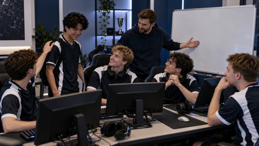 Cinq adolescents joueurs d'esports examinent des tactiques avec leur coach
