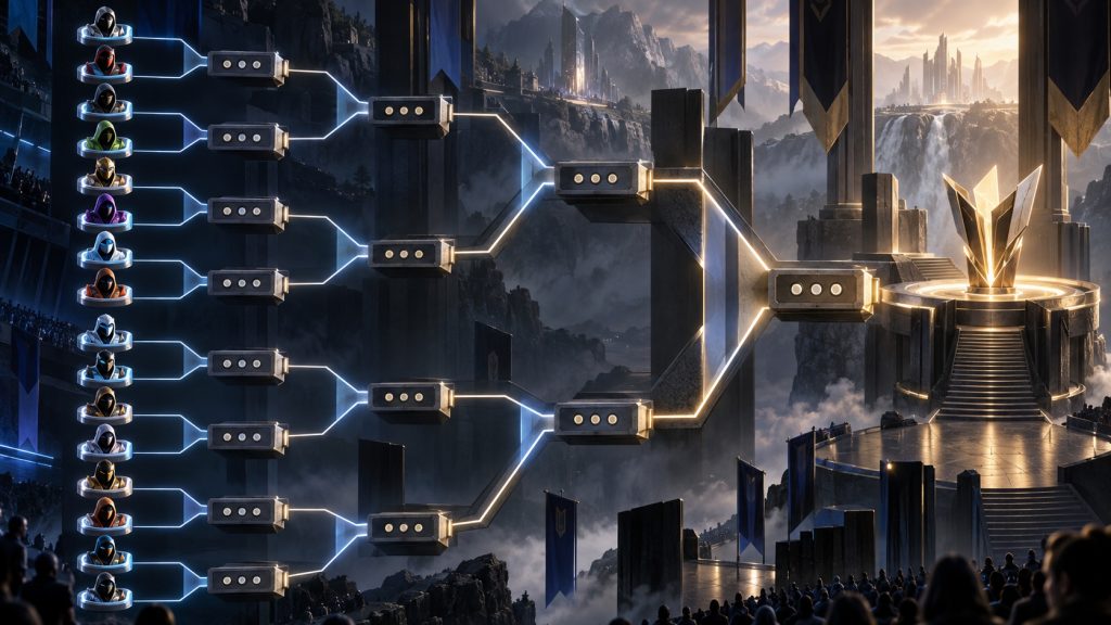 Ein Schweizer Bracket mit sechzehn Teams schafft mehrere Best-of-Three-Pfade