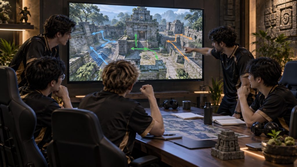 Ein Esports-Team bespricht ein gelöstes Mid-Control-Setup auf einer antiken Stein-Map