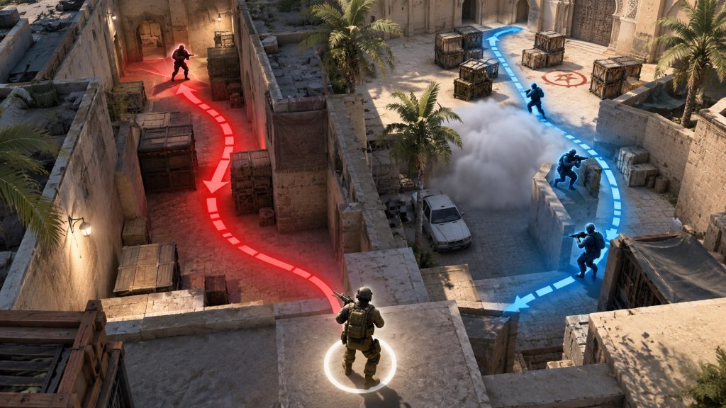 Eine Entscheidungs-Map zeigt eine aggressive Duell-Route neben einer sichereren teamunterstützten Option