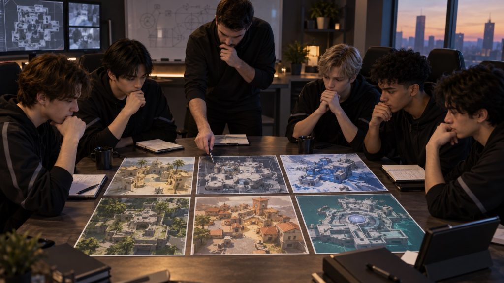 Seks forskellige taktiske map-kort omgiver et teambriefing-bord