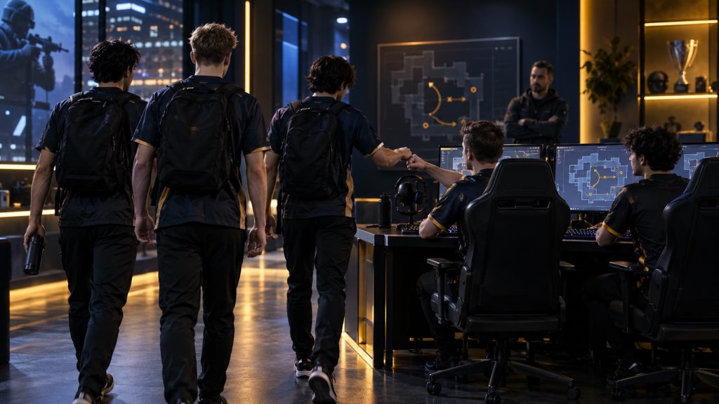 Three newcomers join two returning players in a training room
