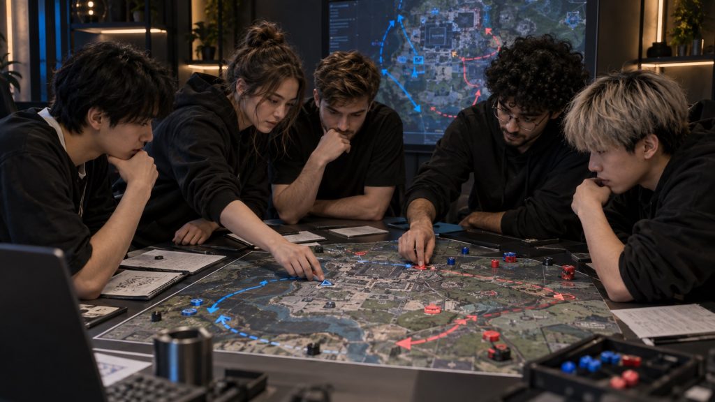 Cinq joueurs ajustent des parcours tactiques colorés autour d'une table de stratégie commune