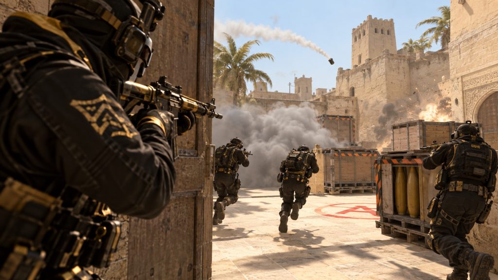 Et koordineret Counter-Strike-angreb bryder igennem en solbelyst ørken-bombsite