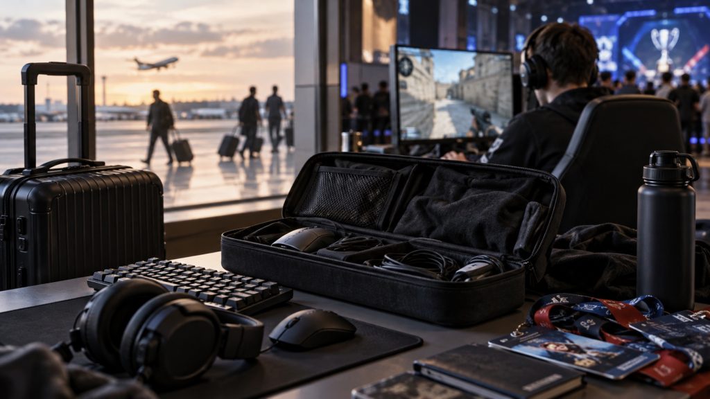 Esports equipment and travel bags beside a tournament practice setup