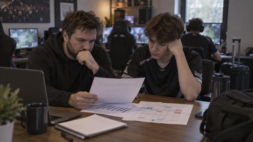 En mindre esportsorganisation gennemgår et budget ved siden af en Major-kvalifikationskalender