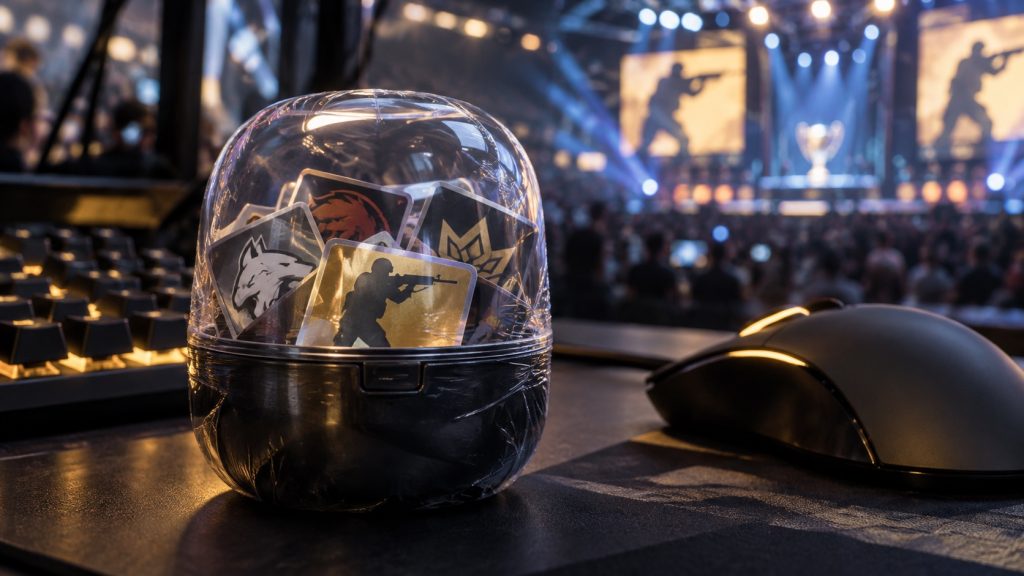 Et gaming-skrivebord med en forseglet esports-stickerkapsel og holdplanlægningsnoter