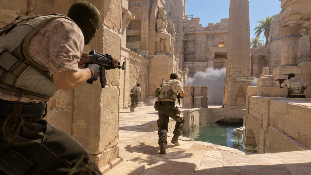 Illustrative FPS-Szene im Anubis-Stil mit einem koordinierten Angriff auf ein Site einer alten Kanal-Karte