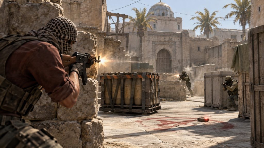 Illustrative FPS-Szene im Dust2-Stil, in der ein Angreifer nahe einem Bombsite auf zwei Verteidiger trifft