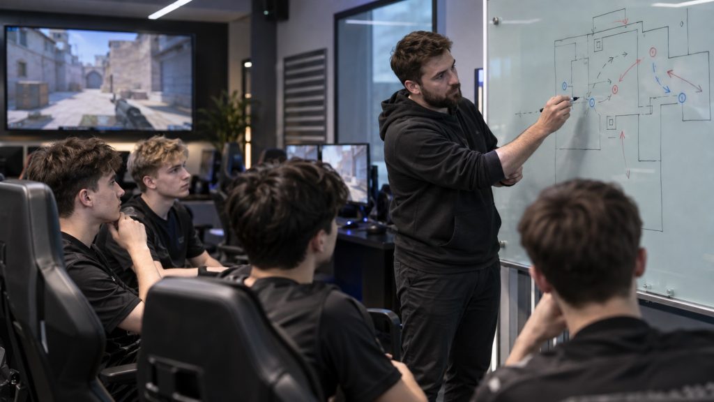 Illustrativ scene med en anonym coach, der forklarer taktik til academy-spillere