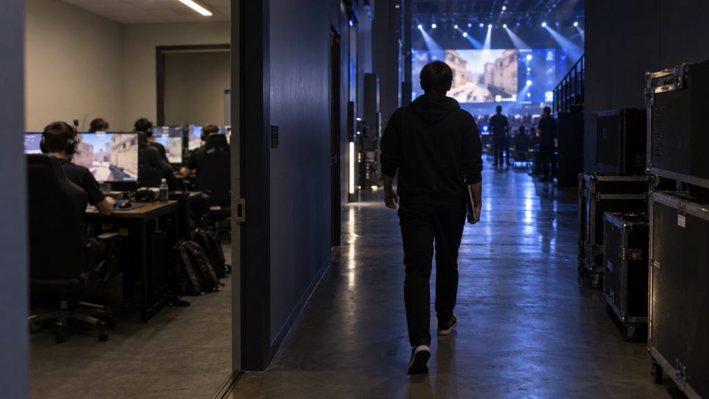 Illustrativ korridor, der forbinder et esports-træningslokale og en turneringsscene; ikke et faktisk spillested eller coach