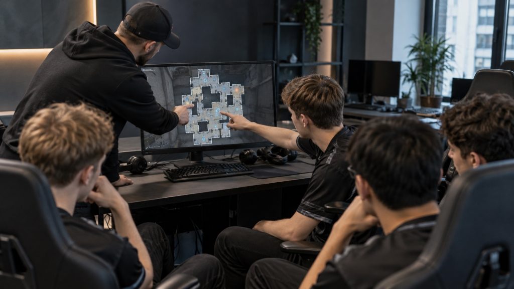Illustrative scene of a coach and anonymous captain reviewing a tactical map with players