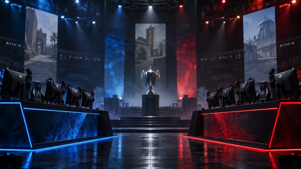 Illustrativ esportsarena og trofæ mellem modstående stationer, ikke et rigtigt eventfoto