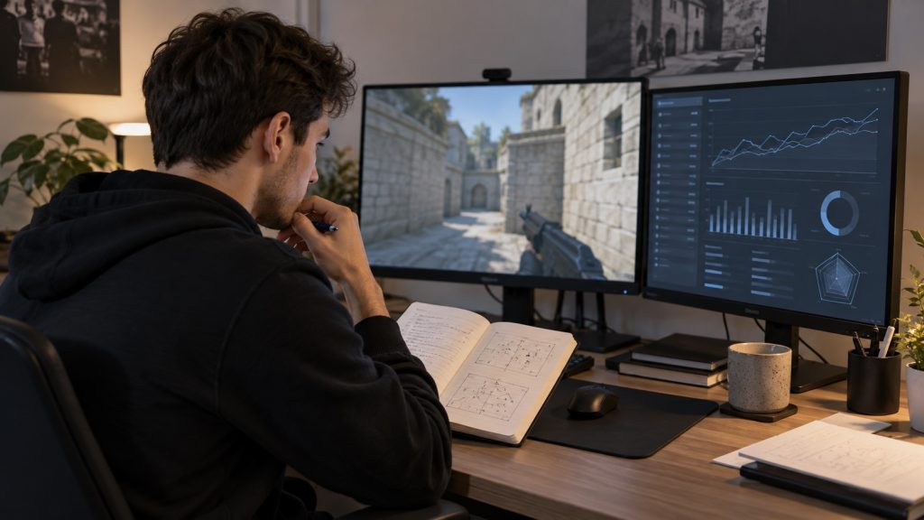 Illustrative scene of an analyst reviewing tactical-shooter footage and abstract player-performance charts