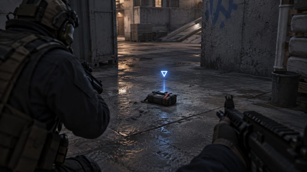 Illustrative tactical FPS scene showing a dropped kit marked by a simple glowing ping icon
