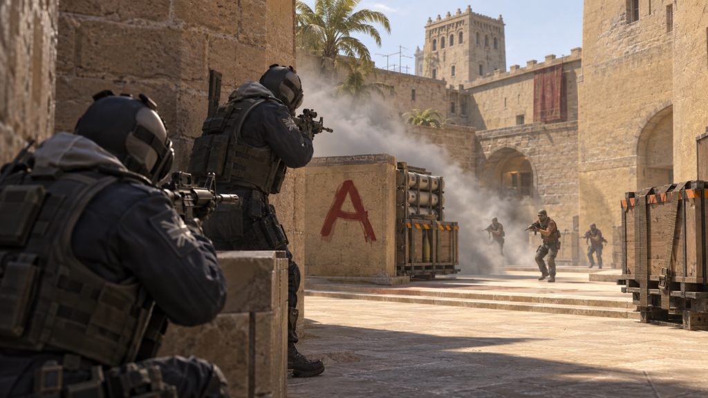 Illustrative Counter-Strike-artige Wüsten-Bombenstellen-Szene, kein tatsächliches Spielmaterial