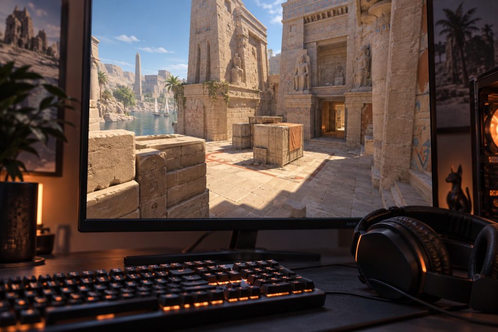 Illustrativt Anubis-lignende taktisk shooter-map; ikke faktiske kampoptagelser.