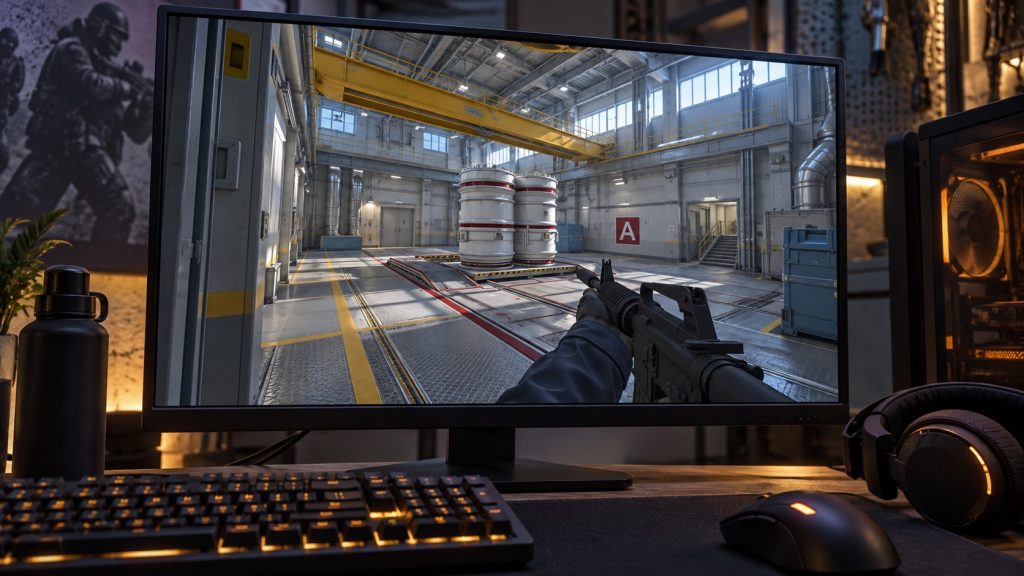 Carte de shooter tactique de style Nuke à titre d’illustration ; il ne s’agit pas d’images réelles du match.