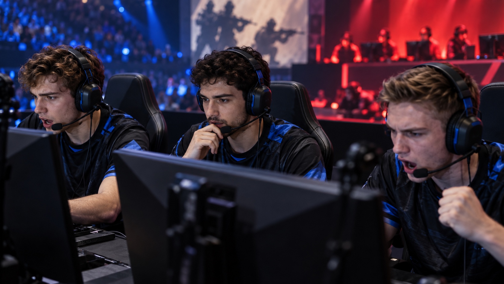 Illustration of esports competitors concentrating at their computers.
