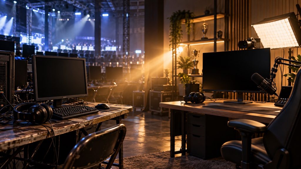 An old tournament desk transitions into a modern creator studio