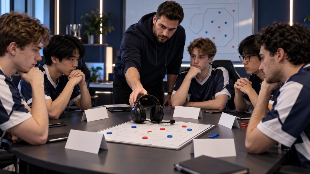 A young team discusses calling responsibilities around a tactical board