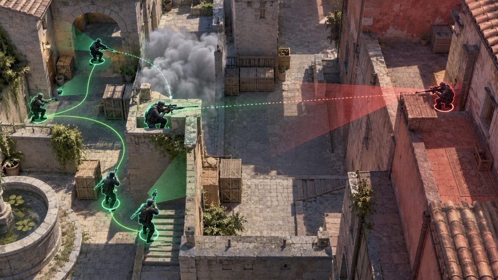 A tactical view contrasts a supported AWP repeek with an isolated risky duel