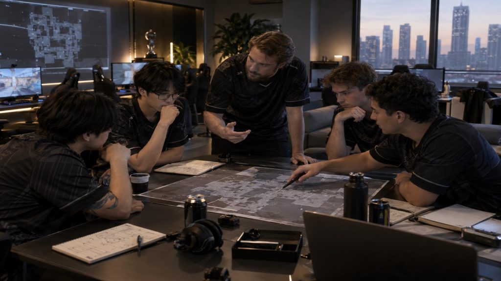Five teammates connect roles around a shared tactical table