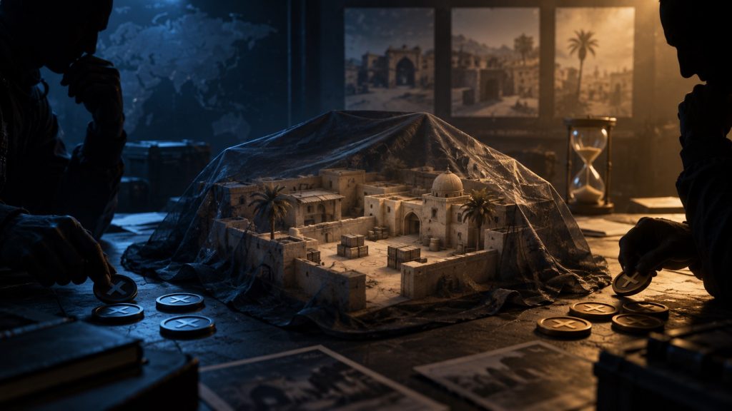 A desert map remains covered on a strategic preparation screen