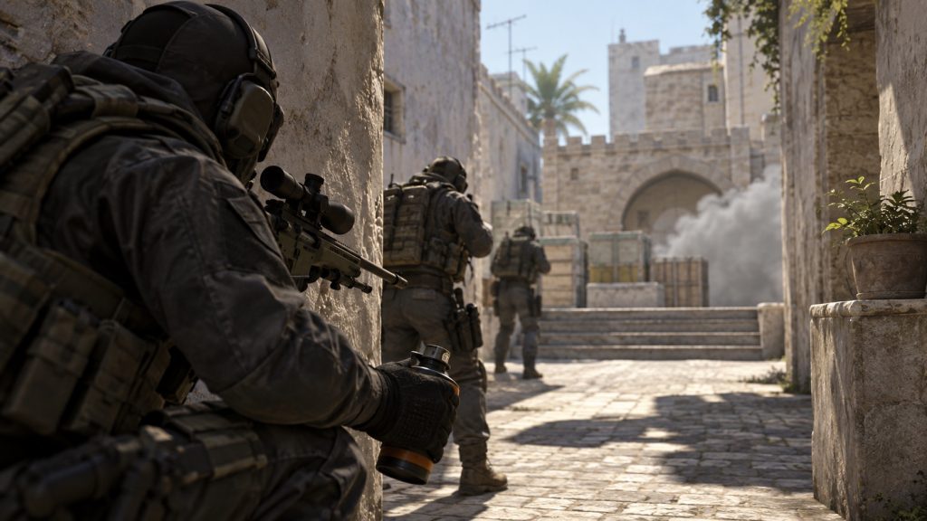 A tactical sniper waits behind teammates before entering a late round