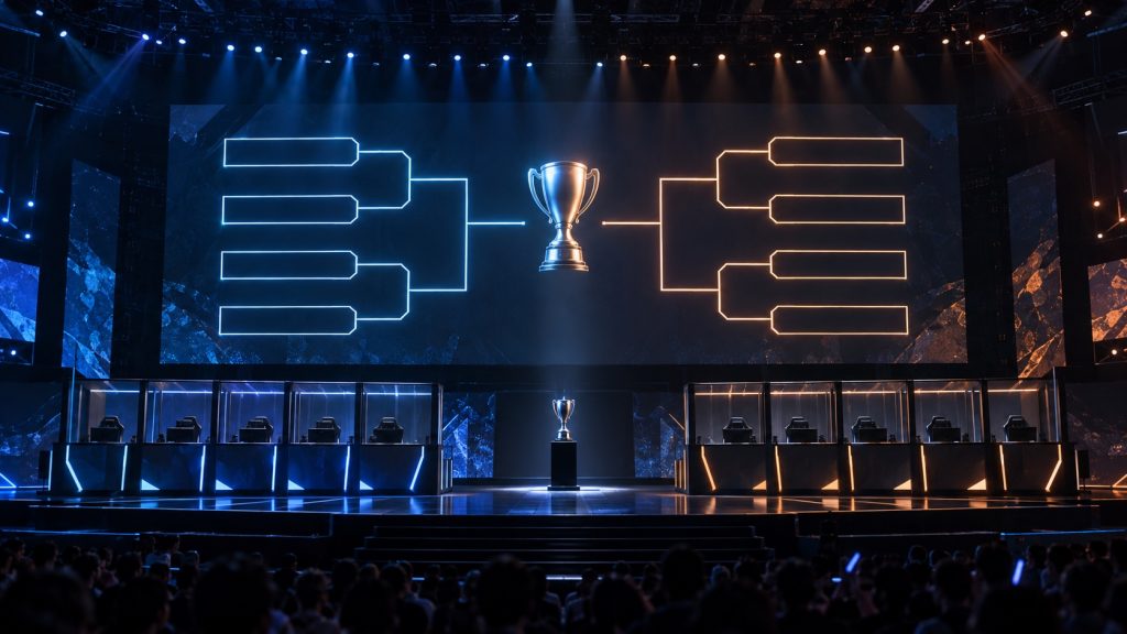 Esports arena bracket board showing the path from quarter-finals to a final
