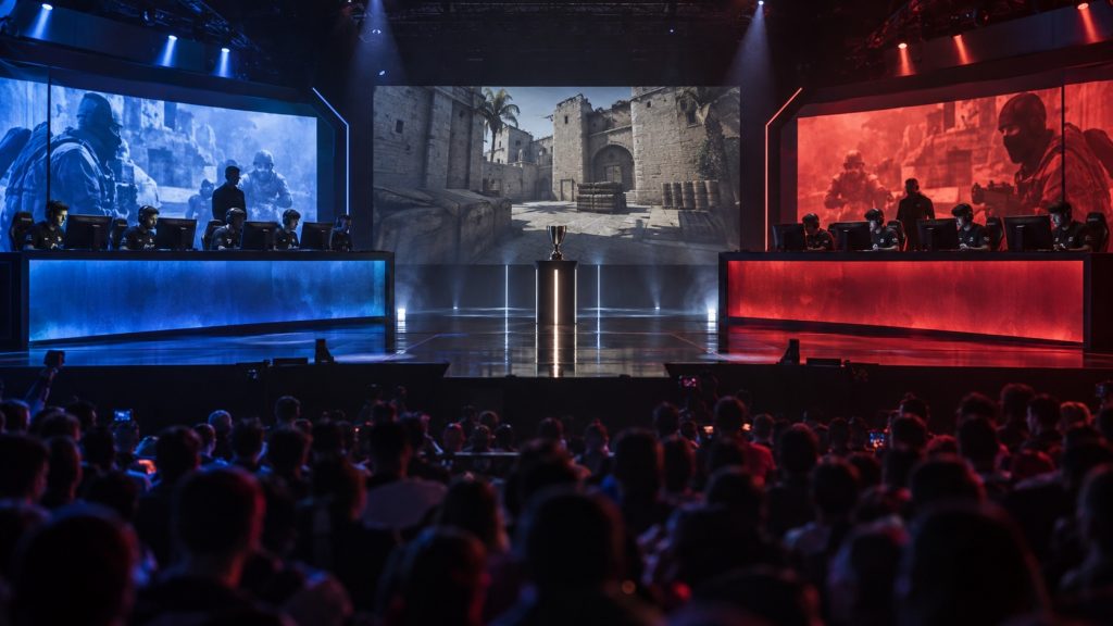 Two rival Counter-Strike teams prepare across opposite sides of a playoff arena